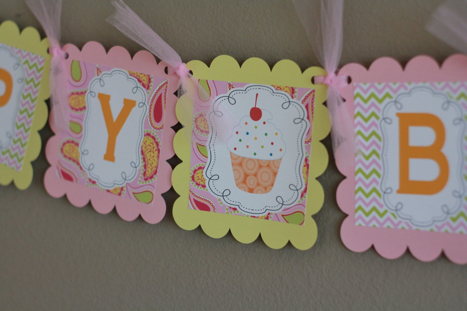 Happy Birthday Whimsical Paisley Chevron Cupcake Theme Banner - Cupcake Toppers, Favor Tags, Place Cards & Door Sign Available