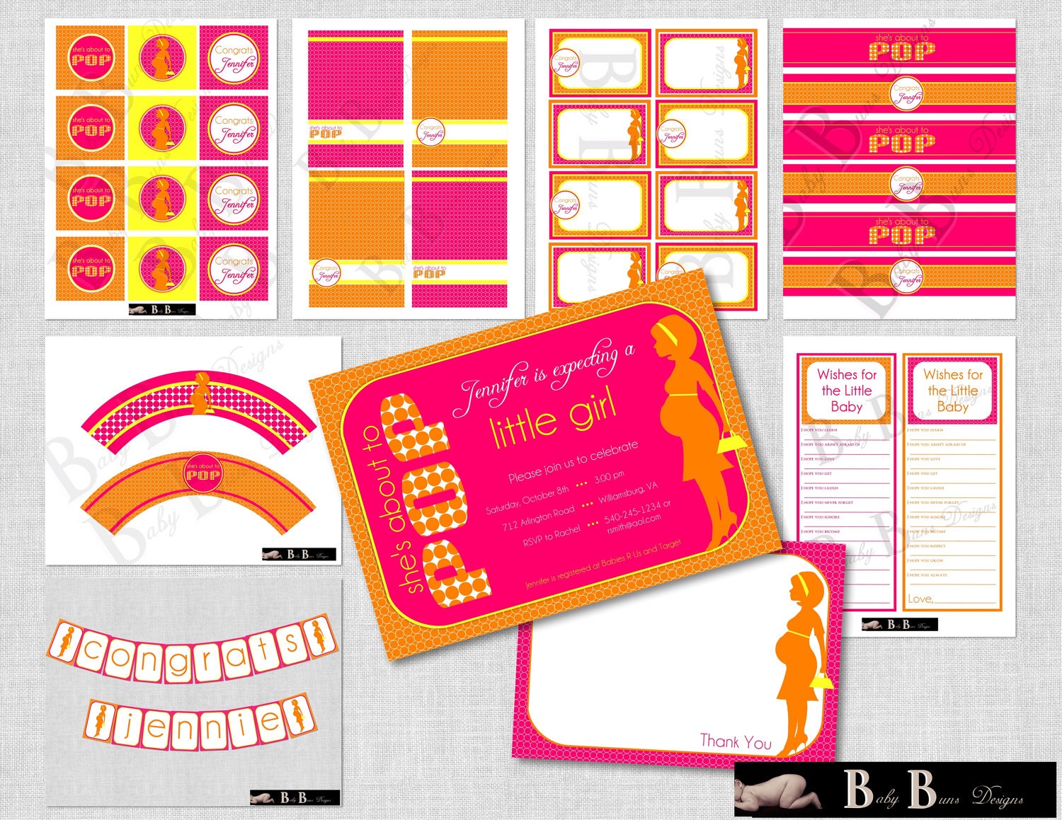 She's About to Pop (Pink, Orange & Yellow) Baby Shower Invitation- Printable
