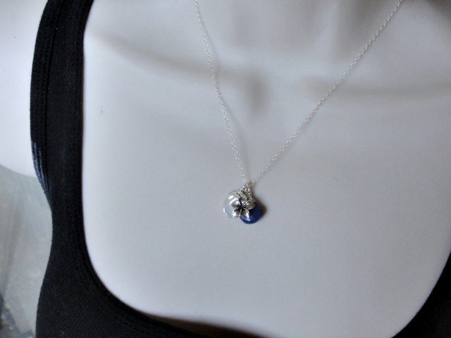 Plumeria flower necklace, STERLING SILVER, blue Chalcedony briolette, charm necklace, white Keshi pearl, botanical
