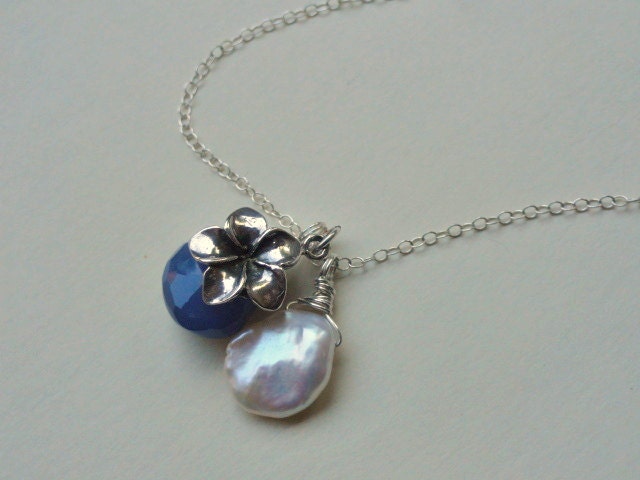 Plumeria flower necklace, STERLING SILVER, blue Chalcedony briolette, charm necklace, white Keshi pearl, botanical