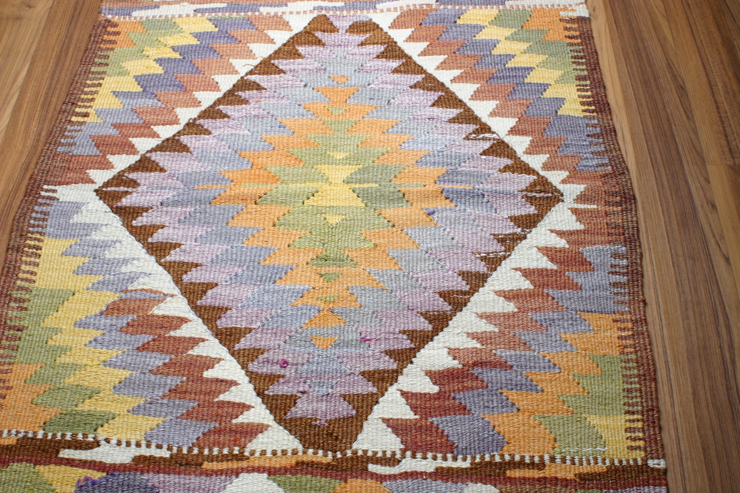 Yuner/ Vintage Kilim Rug ,Antique Kilim Rug, Decorative Rug,45 Years Old, blue sky,brown and white,color riot,43.2X30.8 inch