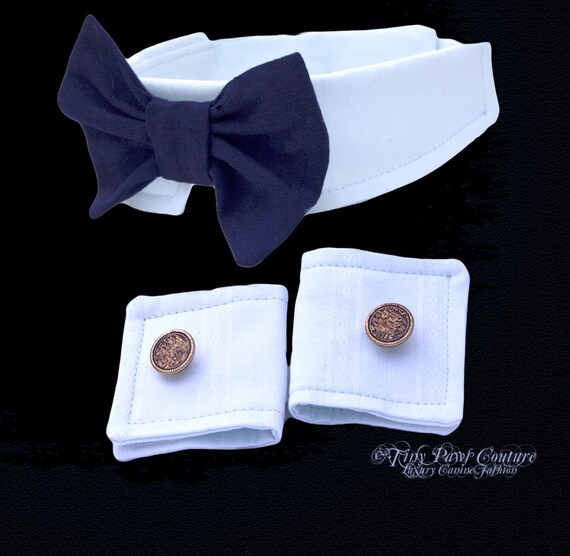 Designer Formal Dog Collar and Cuffs, Navy Blue Bow tie