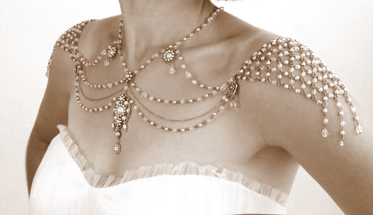 Necklace For The SHOULDERS, 1920s Style, Beaded Pearls And Rhinestone,Jazz Age,Antique Gold, OOAK Bridal Wedding Jewelry,By Efrat Davidsohn