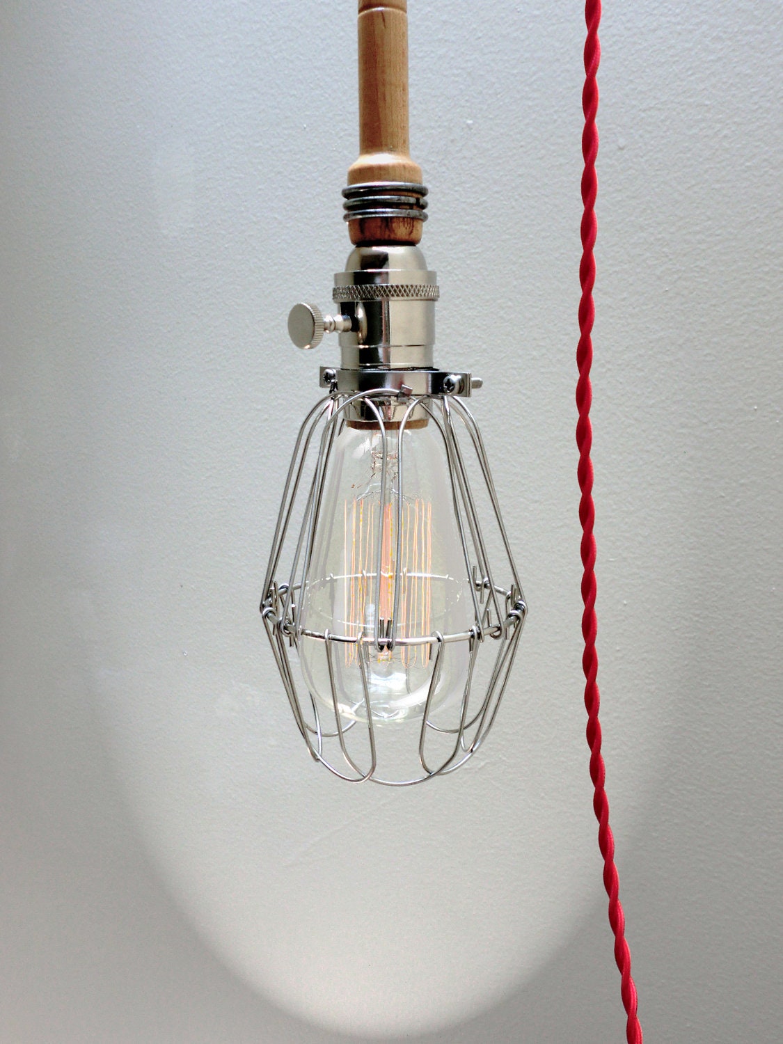 Industrial LIGHT WOOD Cage Light - Edison Bulb Pendant Light Fixture, Red Cord, Plug-in