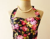 Sweet Floral Dress Dark Blue with Pink Rose Romantic Dress Party Tea Dress Vintage Inspired Cotton Floral Goddess Once Upon a Time -Size S-