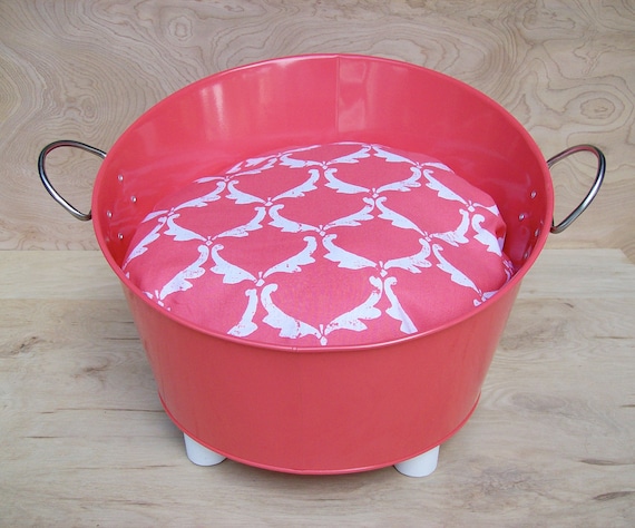 10 DOLLARS OFF - Industrial Style Cat Bed with Soft Pillow and Handmade Legs - Coral Red Metal Tub With White and Coral Red Pillow