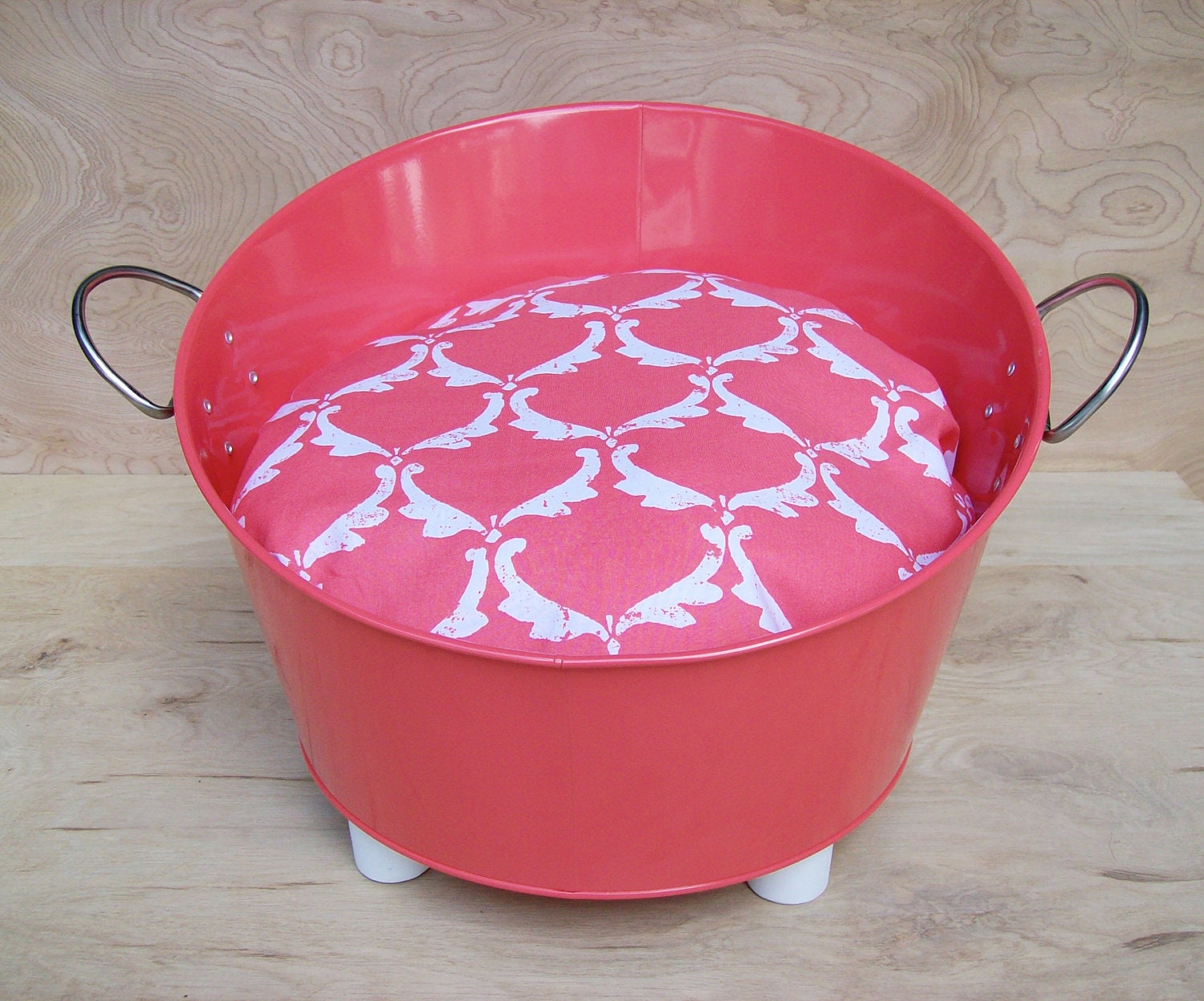 10 DOLLARS OFF - Industrial Style Cat Bed with Soft Pillow and Handmade Legs - Coral Red Metal Tub With White and Coral Red Pillow