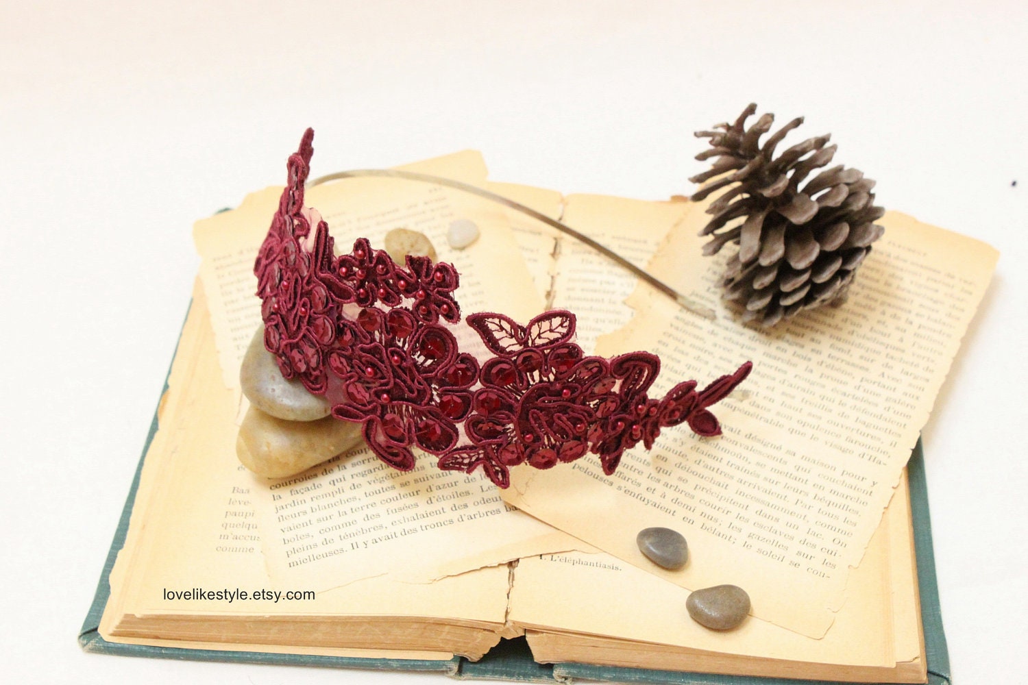 Wine Beaded  Flower Lace Headband - lovelikestyle