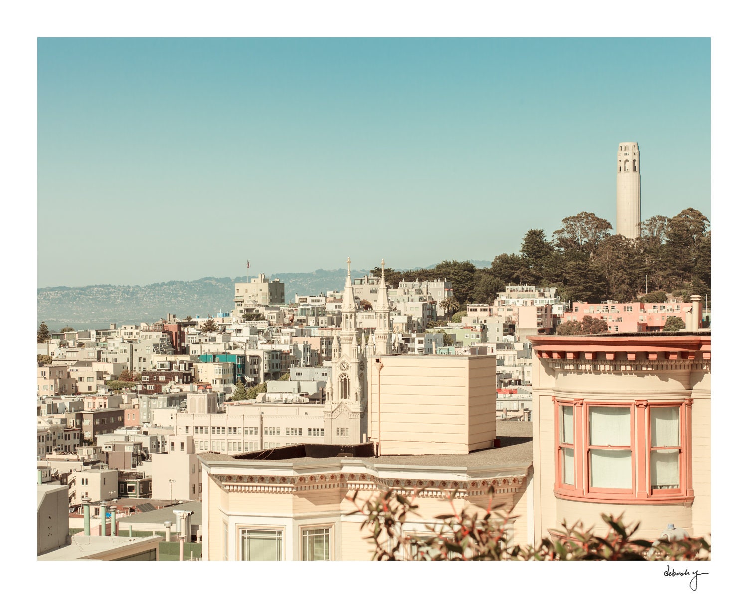 San Francisco Photography - Coit Tower - Vintage California, Cityscape, Urban Hills, Victorian Architecture, Sky Blue, Pink, City Decor