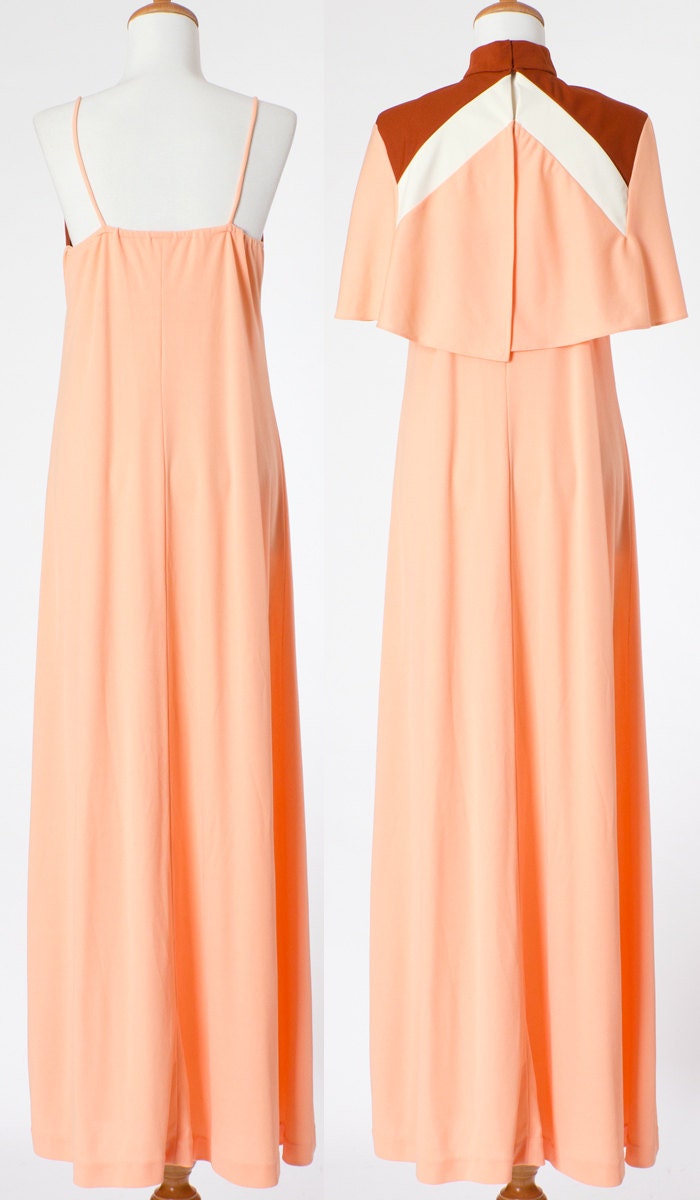 70s Vintage Dress Maxi Dress Formal Pink Coral Cape Small Medium
