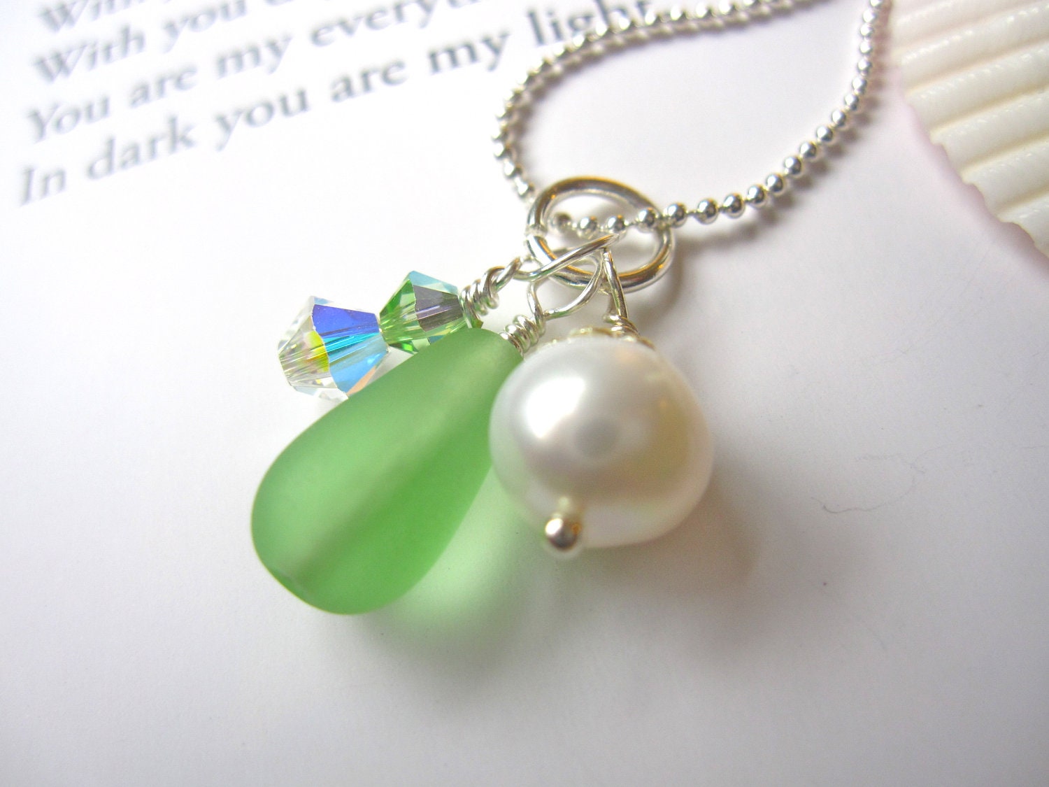 Bridesmaids Sea glass Necklace in Light Green - Beach Wedding - Tear drops Bridesmaids seaglass pendants - Mermaid Jewelry