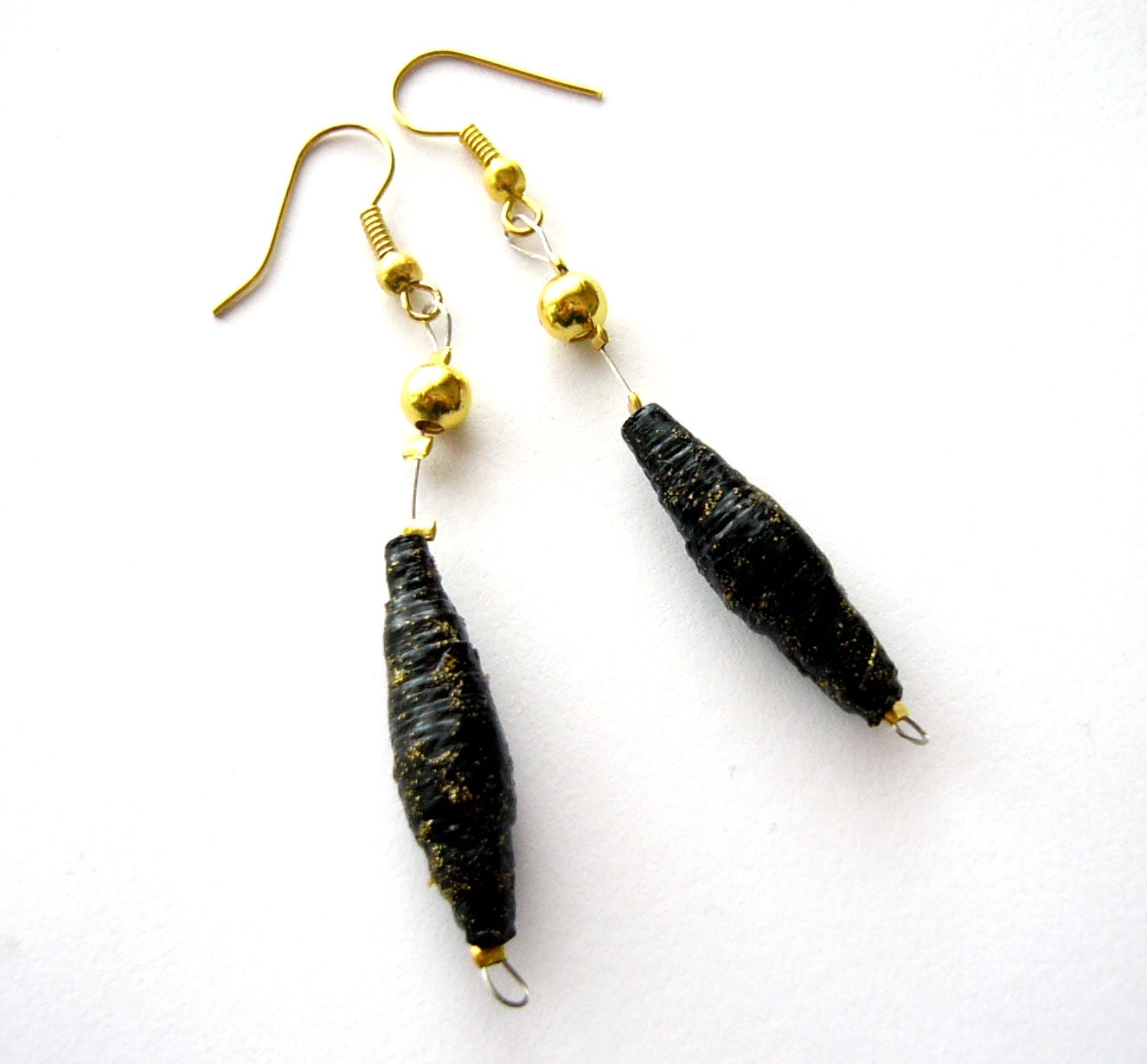 Black & gold eco friendly earrings made of paper beads - upcycled jewelry, sustainable,
