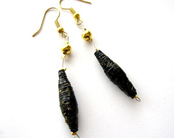 Black & gold eco friendly earrings made of paper beads - upcycled jewelry, sustainable,