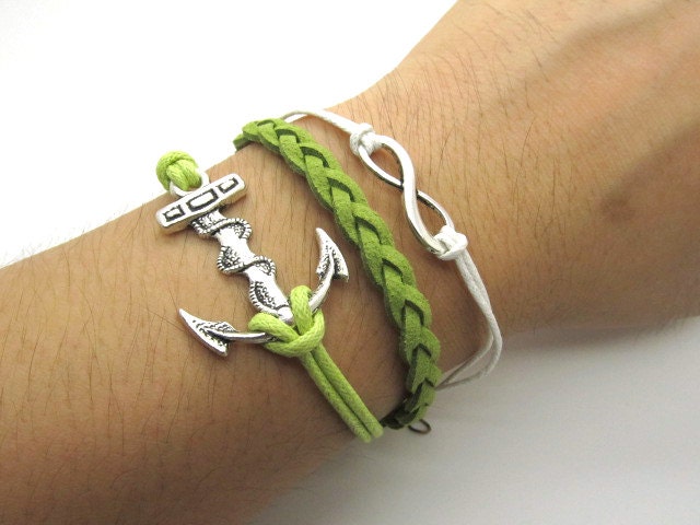 Silver bracelet  Anchor bracelet made of green weave leather cord and  Anchors,Angel password LL591