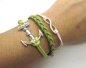 Silver bracelet  Anchor bracelet made of green weave leather cord and  Anchors,Angel password LL591