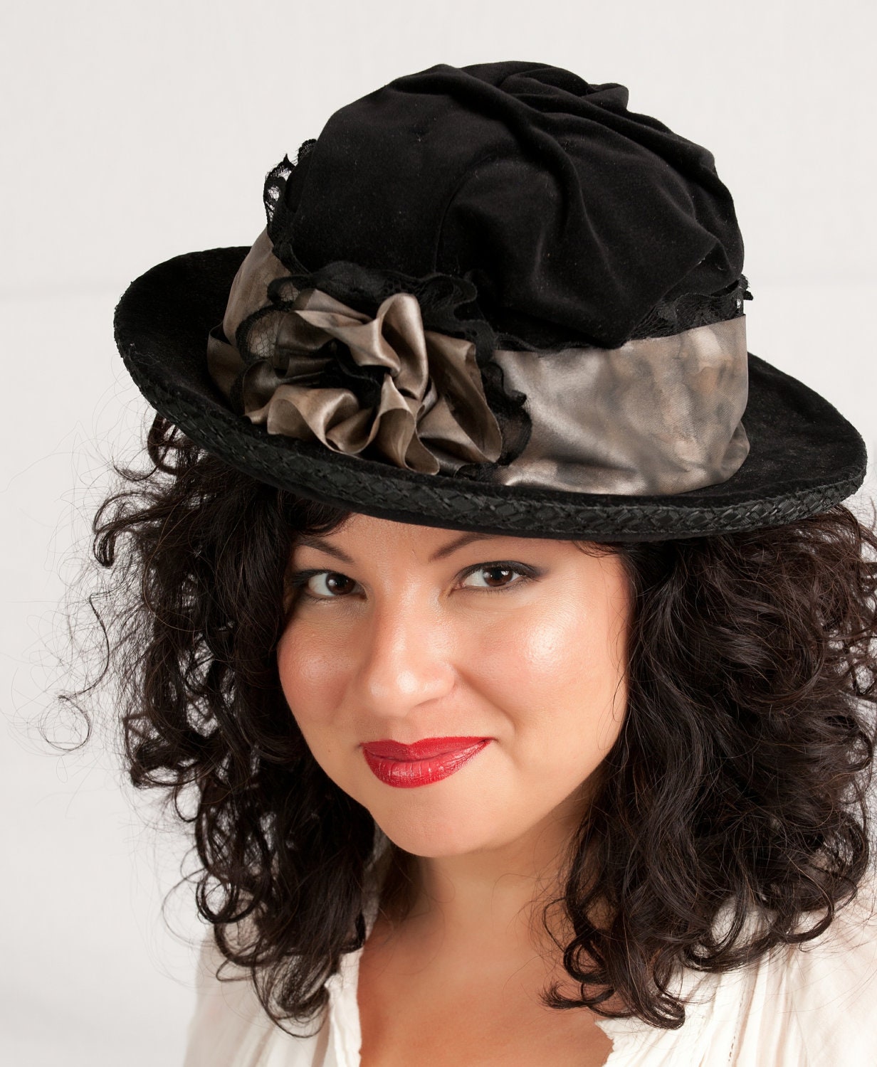SALE Black Velveteen Hat with Vintage Ribbon and Rosette