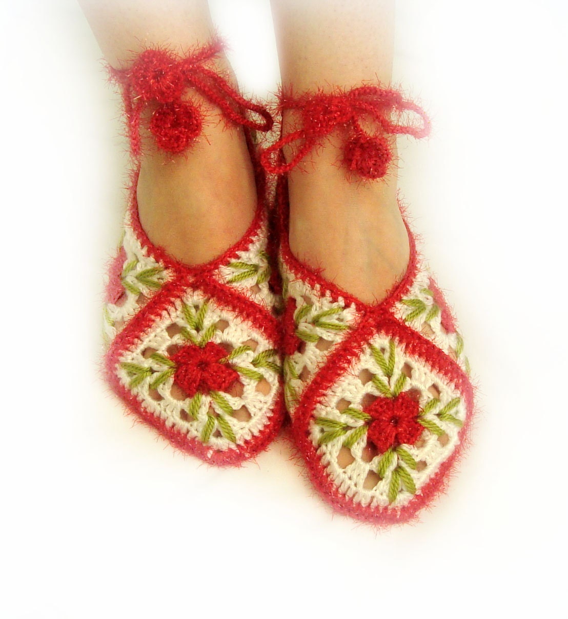 white, lust red, spring bud green home slippers, socks, white home shoes, holiday, style, mothers day - LovelyKnitShop