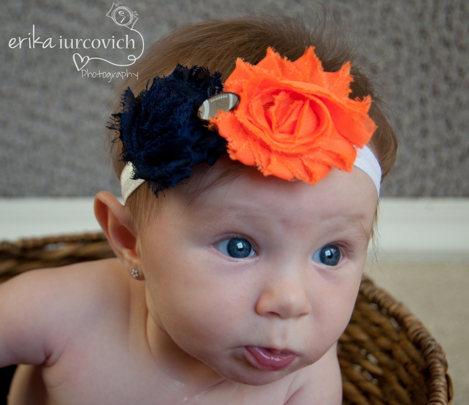 Auburn/Chicago Bears/Denver Broncos Flower headband, Photo Prop with shabby chic flowers and football, navy and orange
