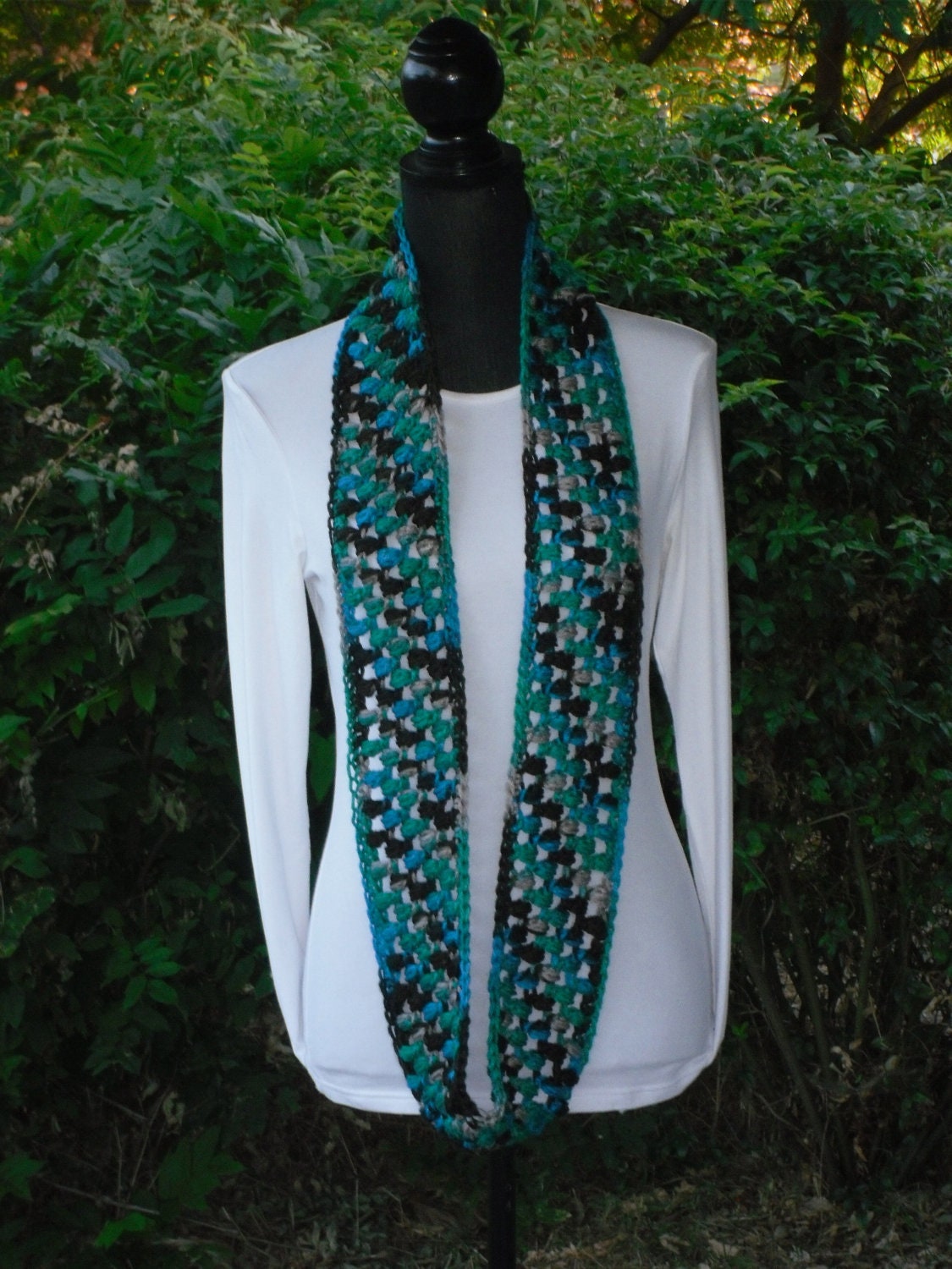 Puff Infinity Eternity Cowl Neck Warmer Circle Scarf Tropical Storm Blue Green Taupe Brown Cluster Crochet