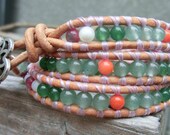 Handmade Triple Leather Wrap Gemstone Chan Luu Inspired Bracelet Aloha Hawaiian Flowers