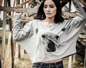ON SALE Bear Sweatshirt , Bear Sweater , Women Gray Longsleeved Animal Screenprint Pullover Oversize Bat Wing Style Half Body In Gray sweat