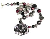 Silver rose beaded necklace burgundy charcoal grey handmade