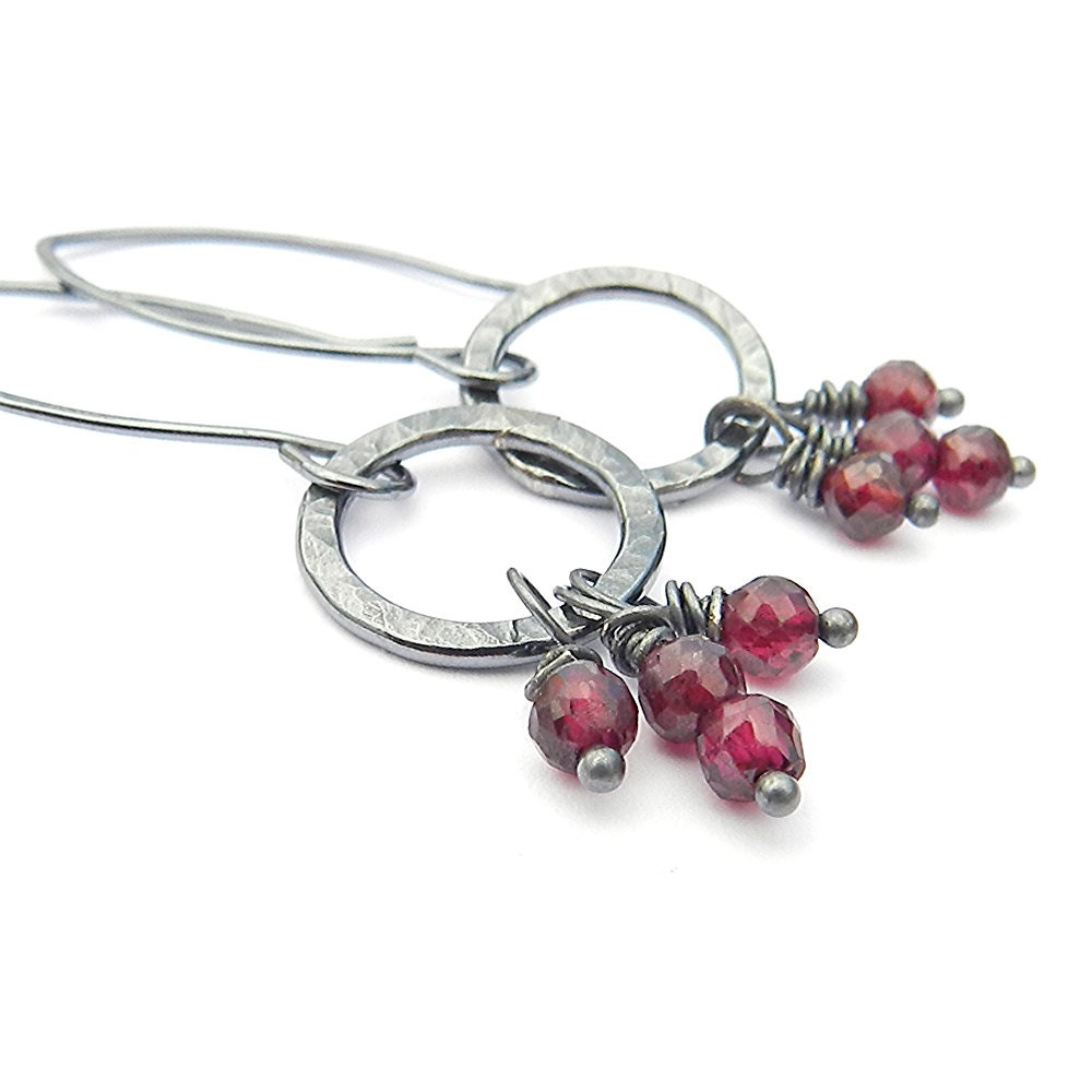 Garnet dangle earrings, crimson red & sterling silver dangle earrings, hoop earrings, red hoop earings,  red dangle earings, jetteam