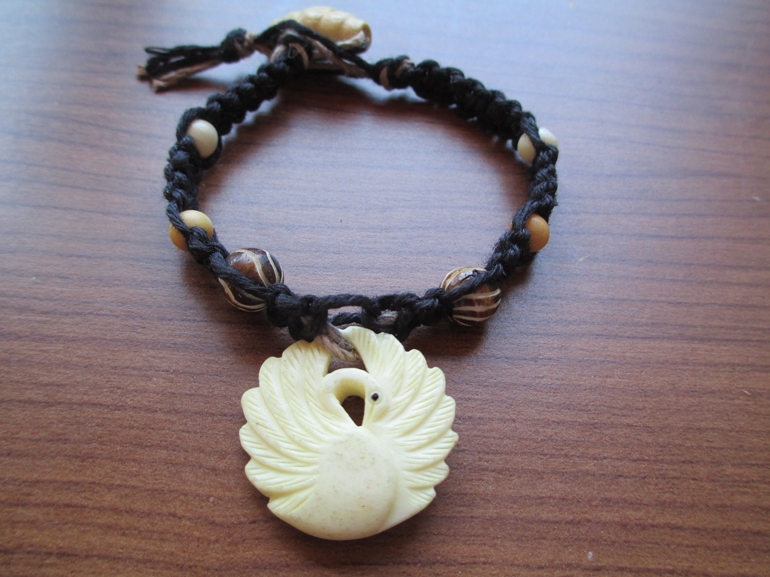 Hemp Bracelet, Carved Swan Bone charm beads black & brown hemp beaded bracelet