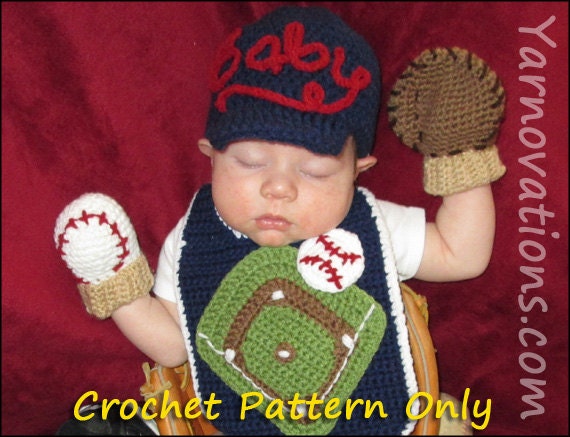 Baseball Crochet Newborn Outfit - Baseball Cap (Hat), Mitts (Mittens), Bib - Crochet Pattern