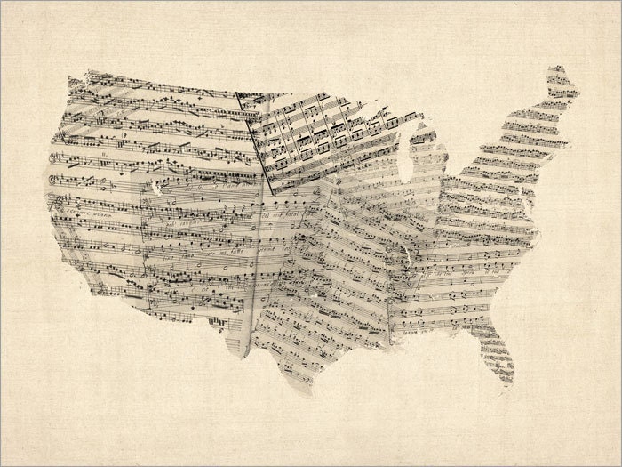 United States Old Sheet Music Map USA, Art Print 18x24 inch (908)