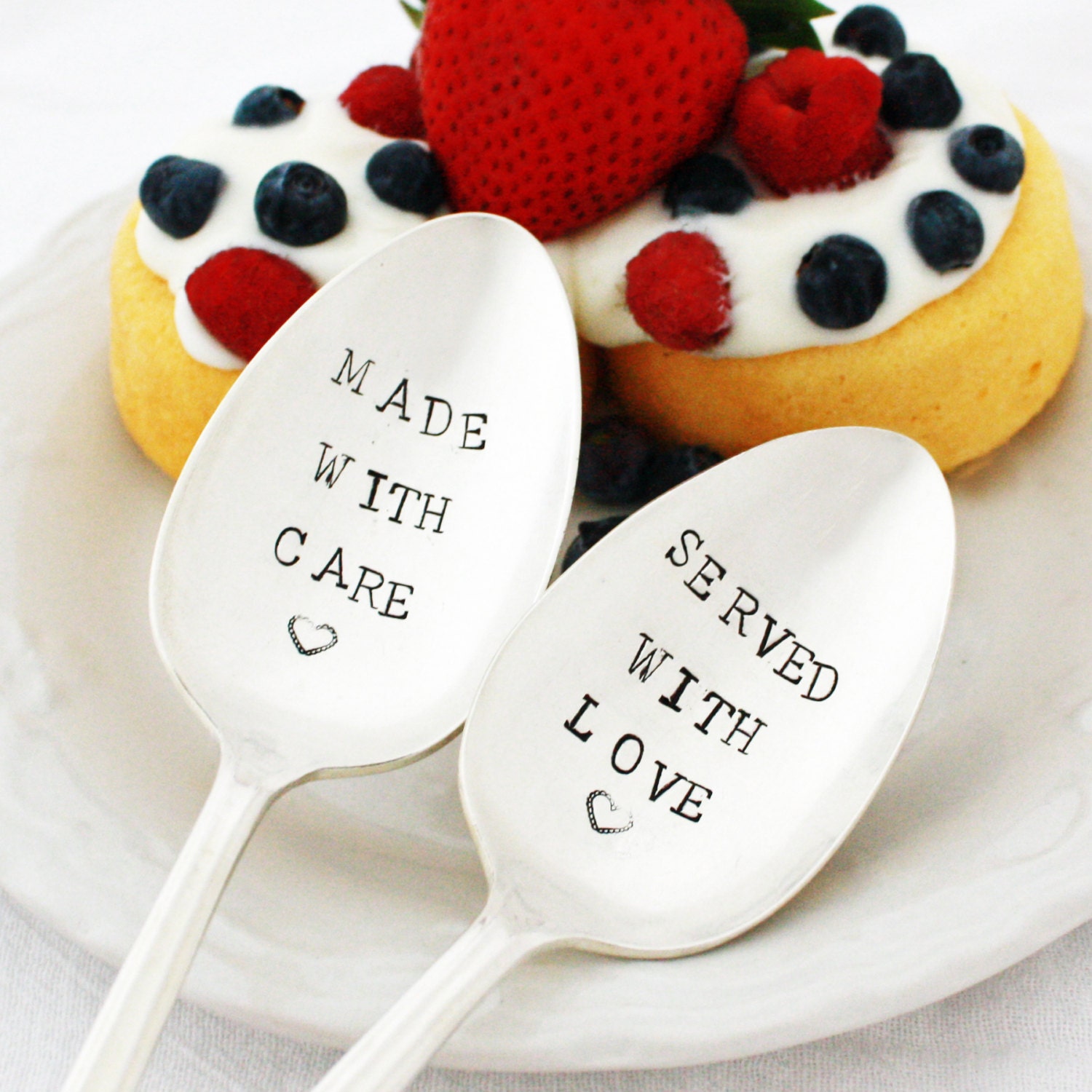 Made With Care, Served With Love. Hand stamped serving spoon set for Holiday table decor. READY TO SHIP Stamped silverware by Milk & Honey