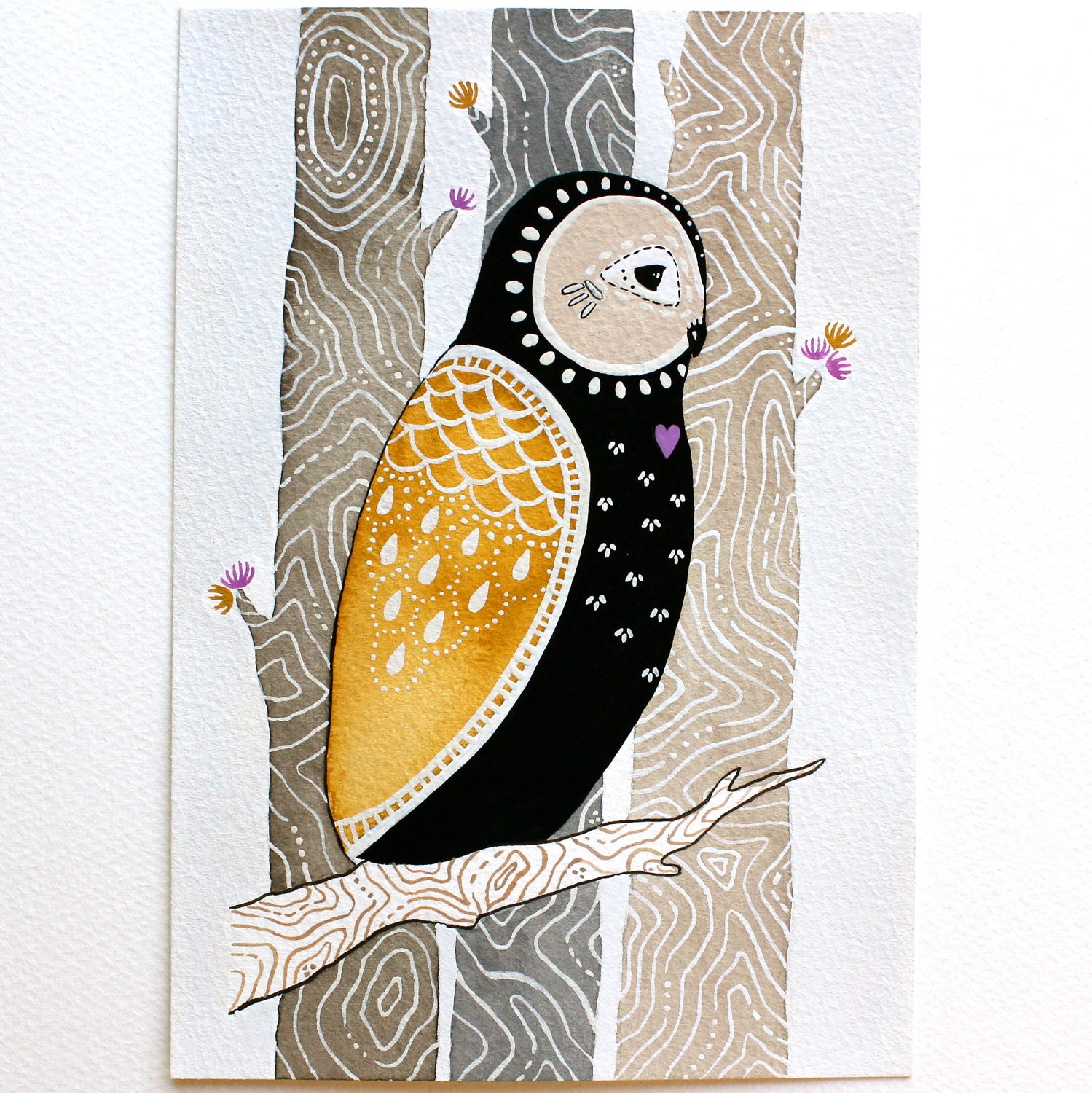 Owl Art - Watercolor Illustration Painting - 5x7 Archival Prints - Litte Love Owl Maho