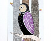 Owl Illustration Painting - Watercolor Art - 5x7 Archival Print - Litte Love Own Coki - purple, black, woodland, trees, nature