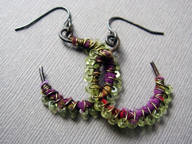 Purple Silk and Green Peridot Wire-Wrapped Hoops with Dark Patina