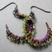 Purple Silk and Green Peridot Wire-Wrapped Hoops with Dark Patina