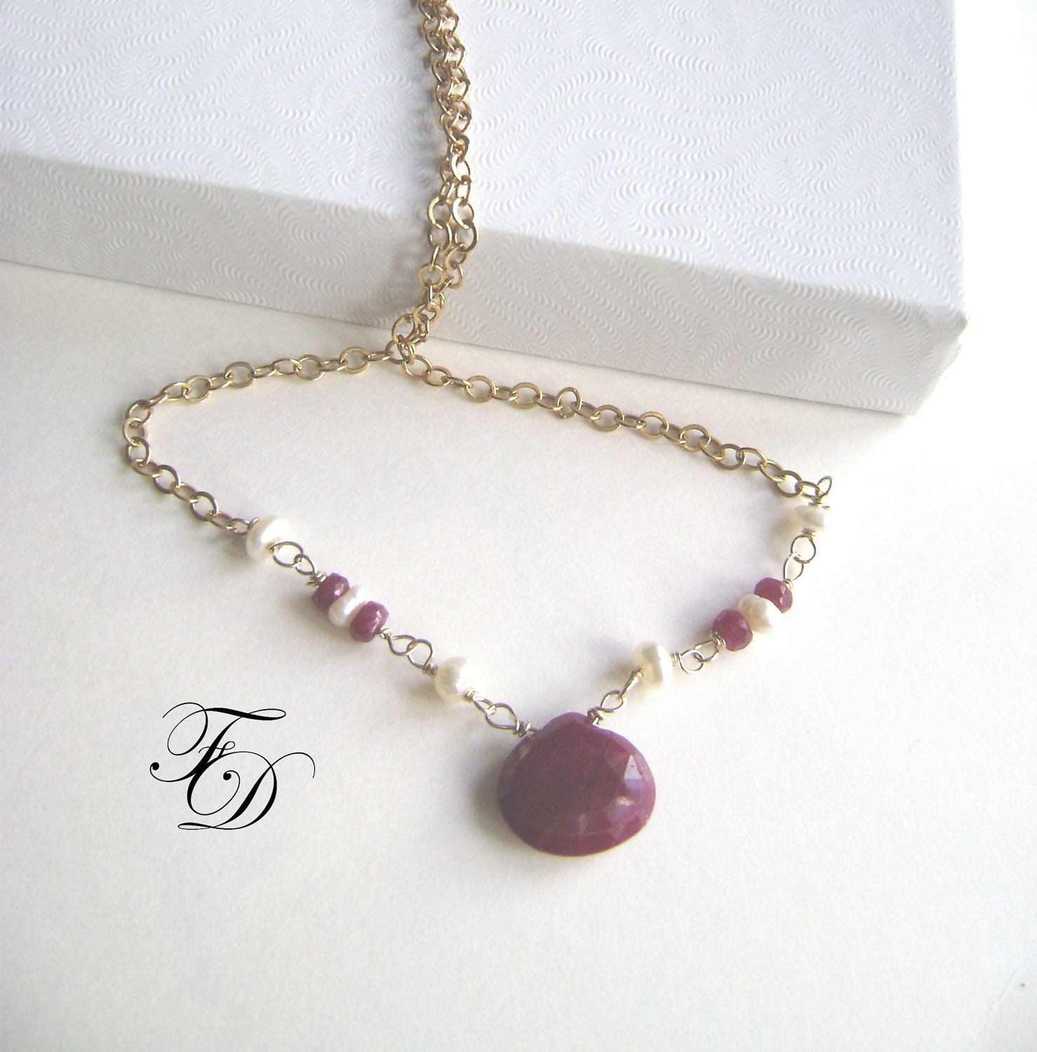 18k gold filled Ruby and Freshwater Pearl Necklace,Wire Wrapped 18k necklace,Paula Necklace,