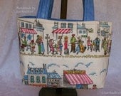 Paris Small Quilted Bag, Tote or Purse with Eiffel Tower, Cafes, Bistro and Blue Fabric Handles