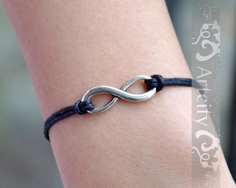 Karma-antique silver karma bracelet,infinity bracelet, wax cord bracelet, Black wax cords bracelet