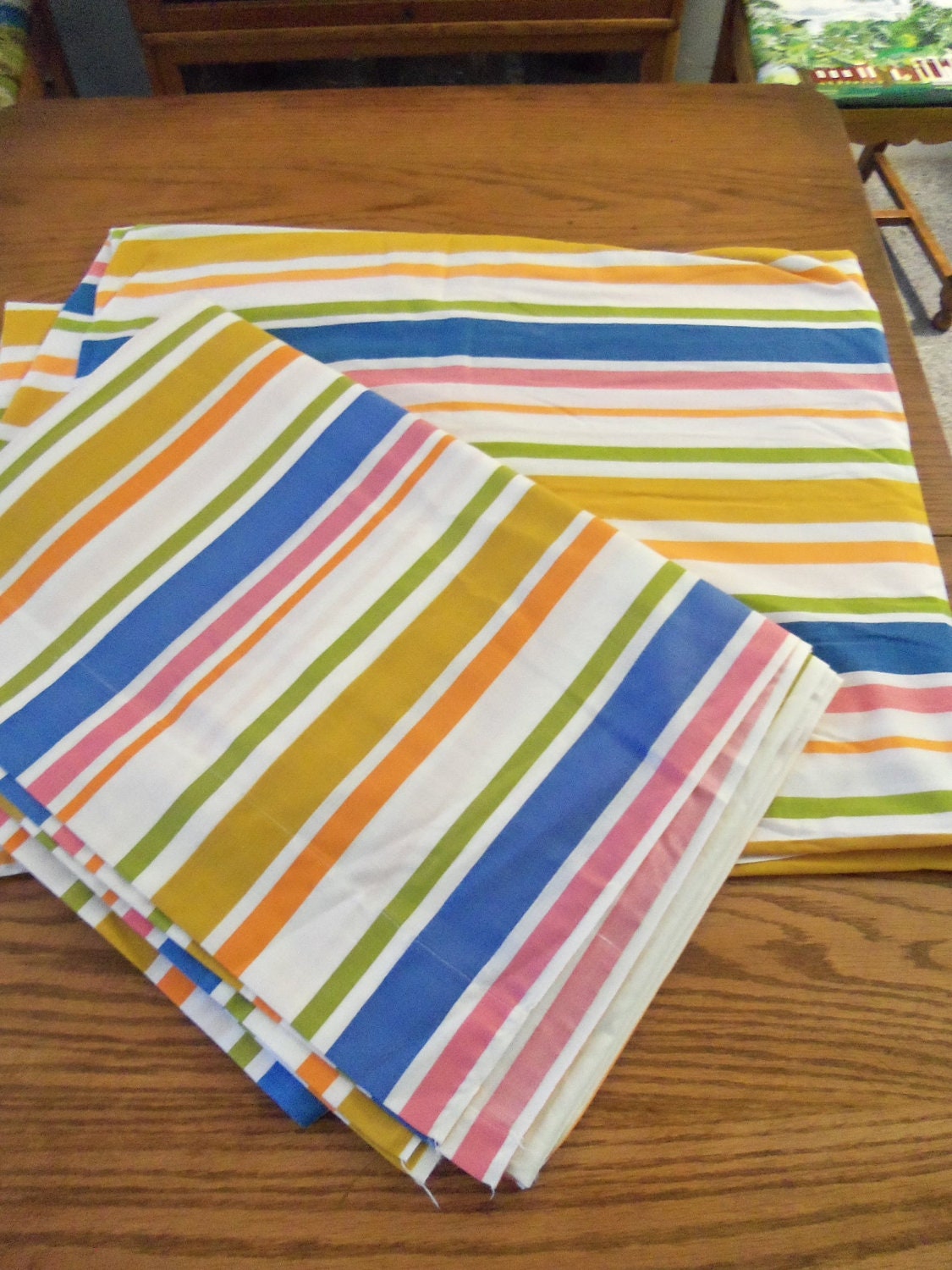 2 Retro 1970's Striped Double Flat Sheets, No Iron Extra Strength Muslin, Yardage for Sewing/Crafts