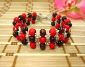 Bohemian beaded wood & hemp bracelet 'Triple Row Cuff'  - beach, surfer, summer fashion, boho chic, stacking, red, dark brown.