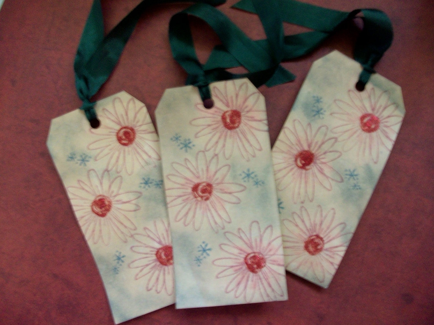 SALE - Handmade Stamped And Inked Flowers Tag Or Bookmark Set of 3