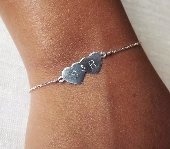Dainty Hammered Sterling Double Heart Bracelet - Sterling ID Bracelet - Personalized Bracelet - Sweetheart Bracelet