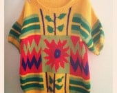 Bright Crazy Floral Striped 90s Vintage Sweater Handmade Short-Sleeved Jumper Size M/L