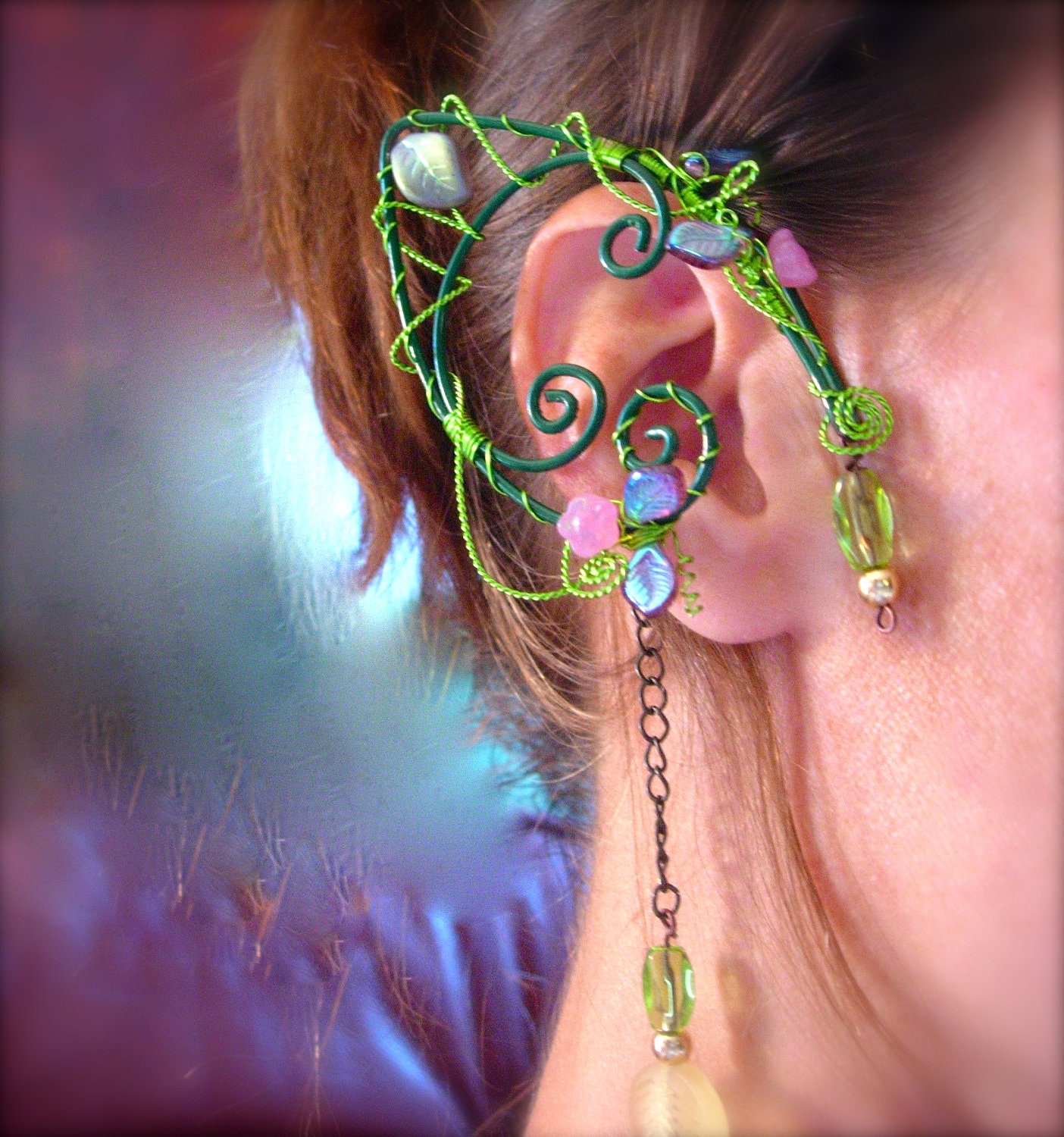 Pair of Garden Elf Ear Cuffs with Glass Flowers and Leaves, non pierced earring, Fairy, Renaissance, Elven