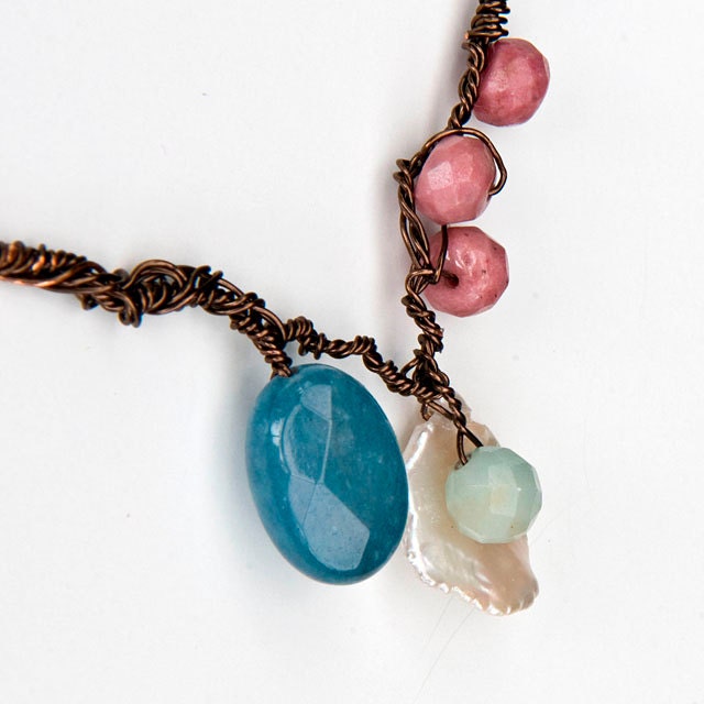 Blue Pink Gemstone Necklace, Branch Necklace, Beaded Necklace, Nature Jewelry