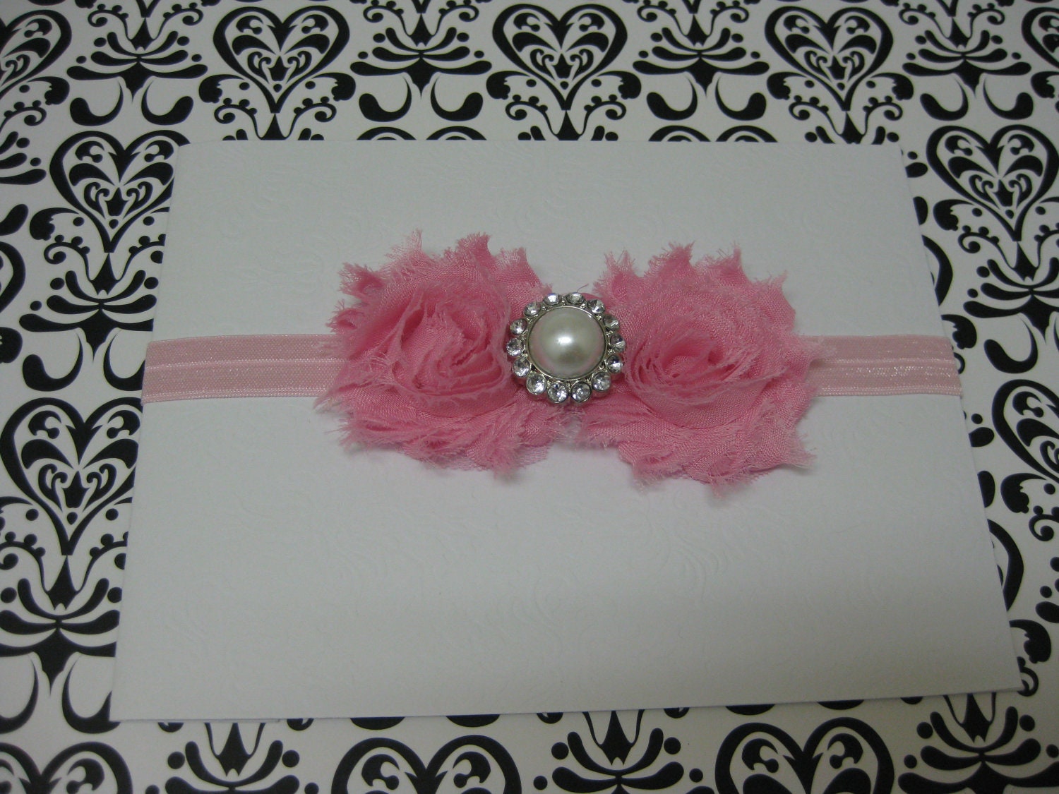 Baby Girls Headband, Shabby Chic Headband, Girls Pink Headband with Rhinestone Center, Great Photo Prop or for Birthday