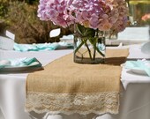 Burlap and lace Table Runner (14' x 72").  Custom Burlap runner, Wedding Decoration, shabby chic, cottage, french country
