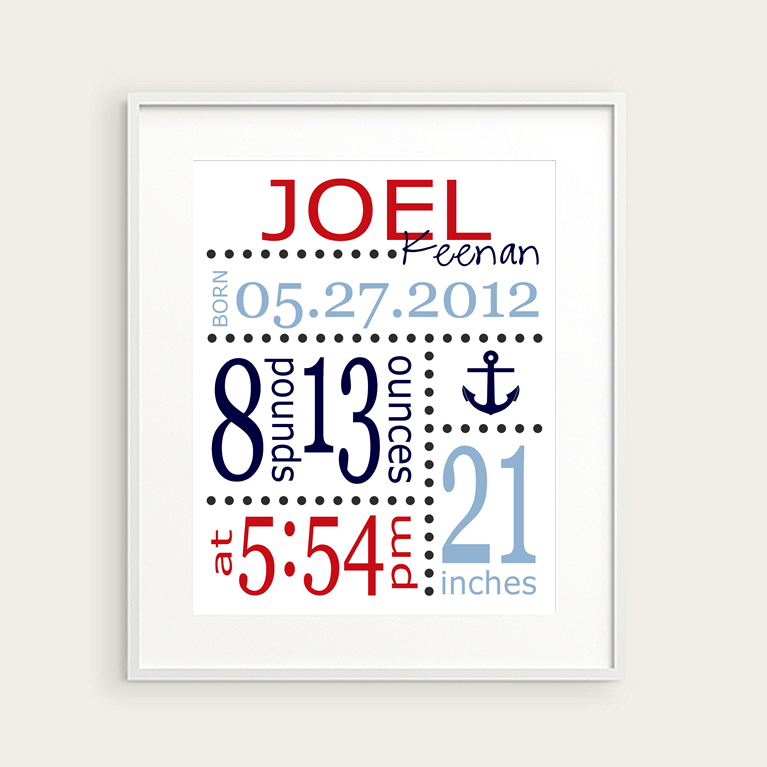 Buy announcements gifts personalized - Nautical Nursery Decor - Anchor or Boat Art Print - Personalized Birth Announcement or Baby Gift, You Choose Illustration &amp; Colors