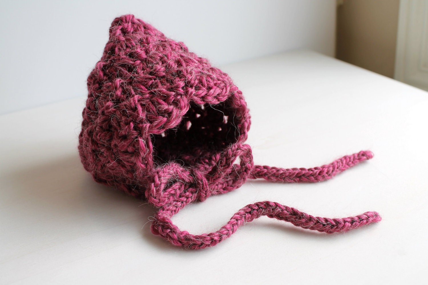 Rasperry Alpaca Pixie Baby Bonnet - Knit Crochet Hat for Baby Girl - Newborn - Made to Order