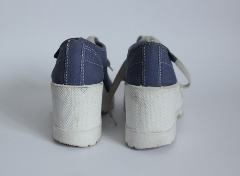 Blue denim wedge platform sneakers